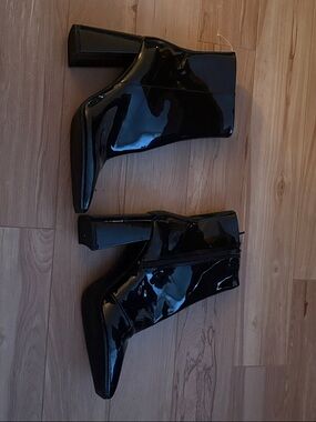 H&M Black Patent Platform Ankle Boots with Block Heel